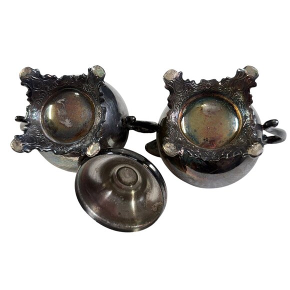 Vtg Pilgrim Silverplate Footed Creamer Sugar Bowl Set Ornate Handles Lid - Picture 6 of 11